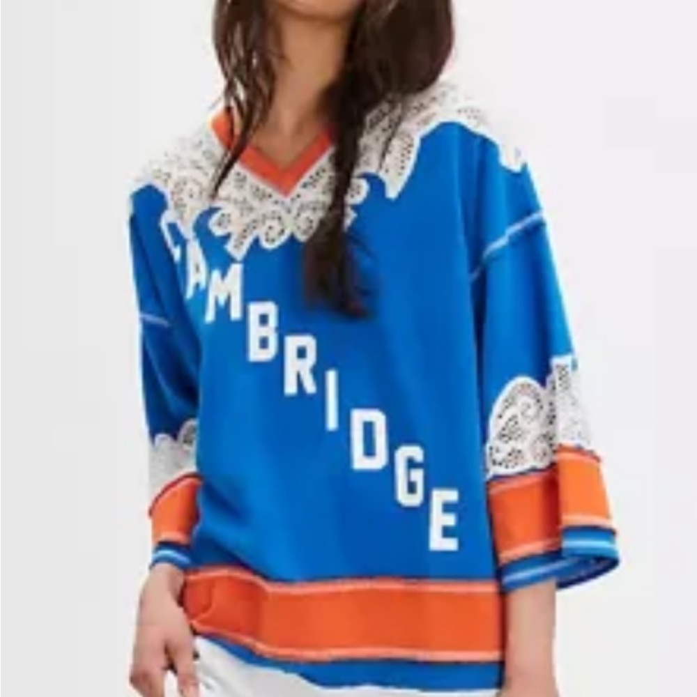We The Free Blue and Orange Cambridge Lace-Accent Jersey Top